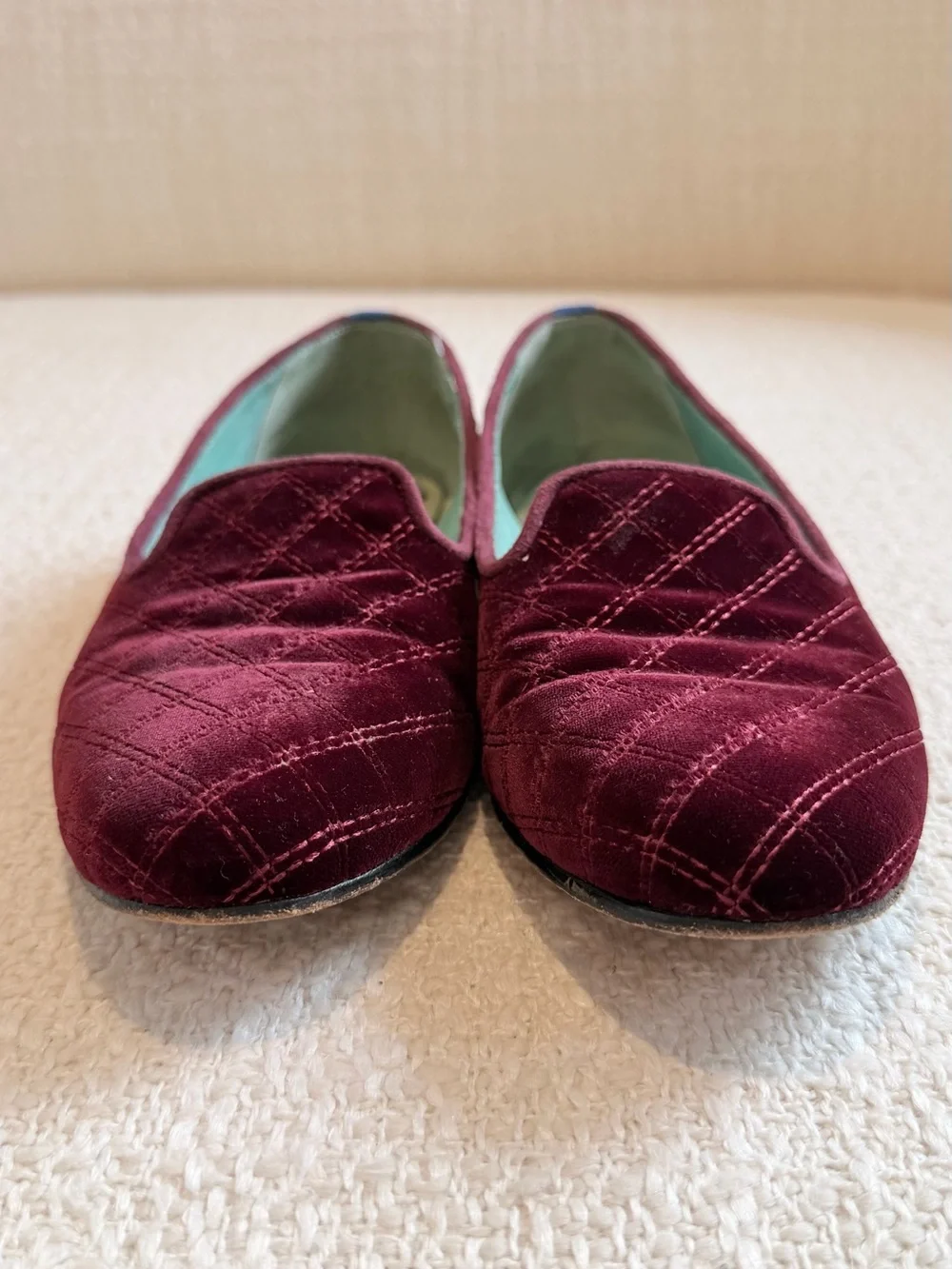 Authentic Blue Bird Burgundy Velvet Quilted Loafers – Size 37